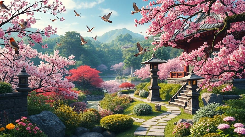 Springtime Japanese Garden Panorama