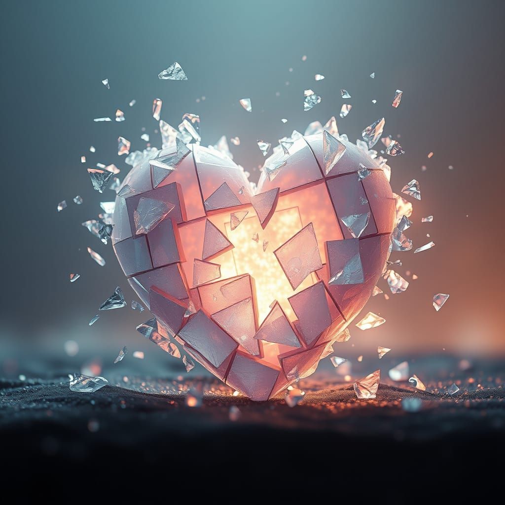 Shattered Crystal Heart in Mid-Air Collapse