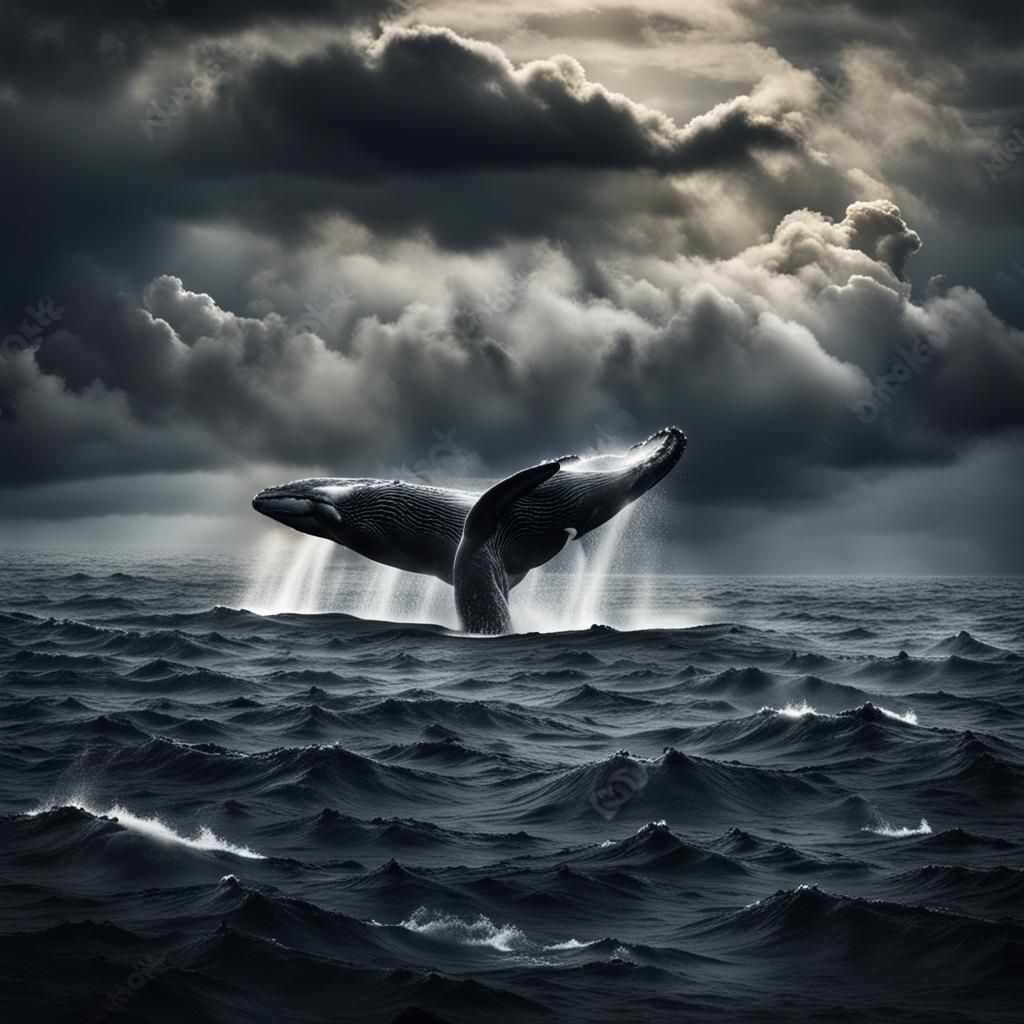 Whales Swimming in Clouds with Dramatic Lighting