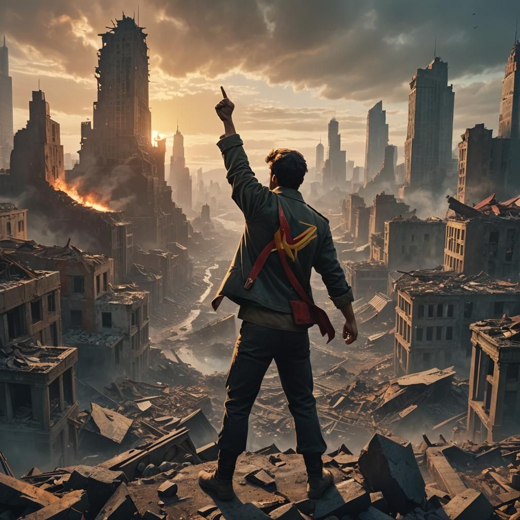 Victorious Figure in Ruined Cityscape: Epic Fantasy Art