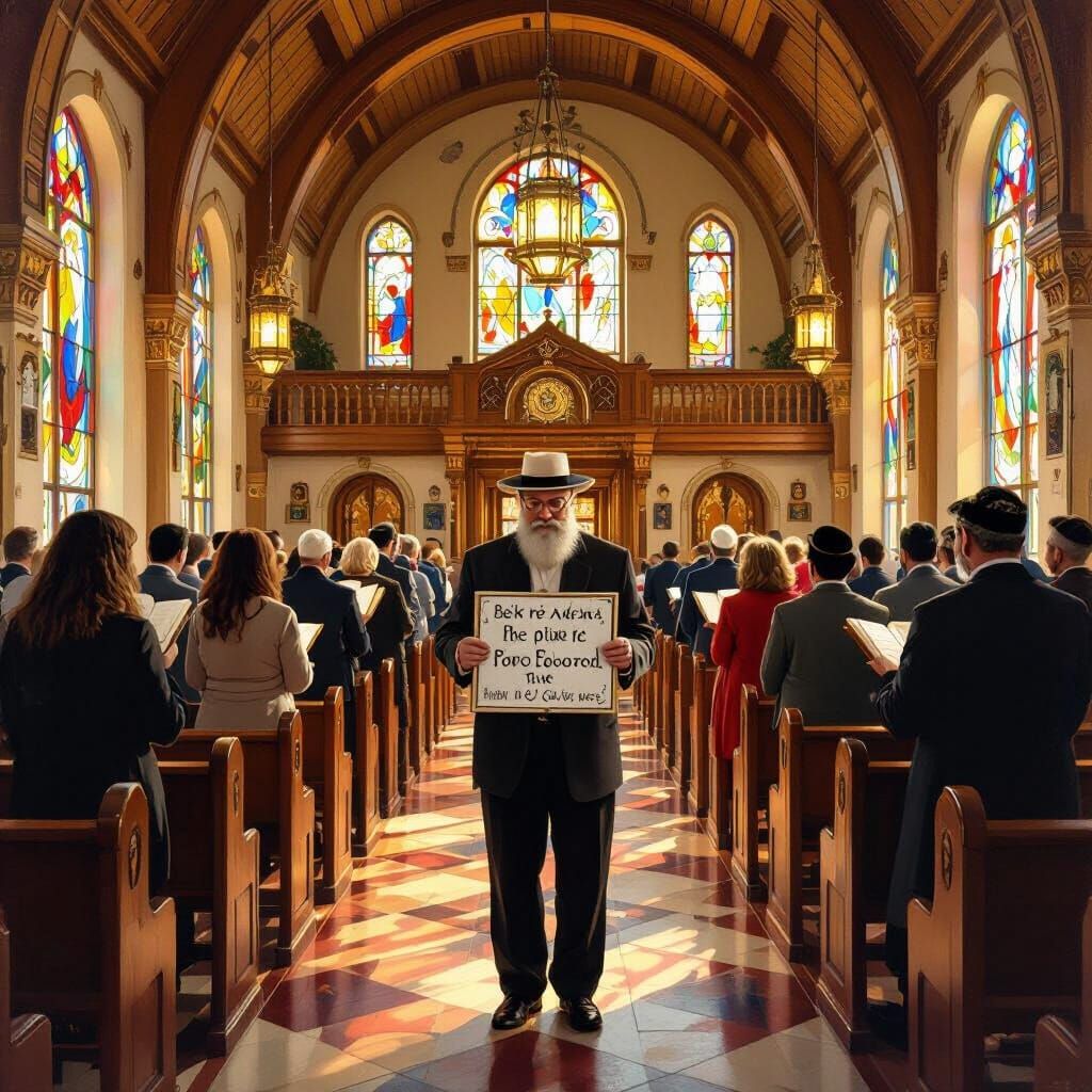 Traditional Synagogue with Praying Congregants, Impressionis...