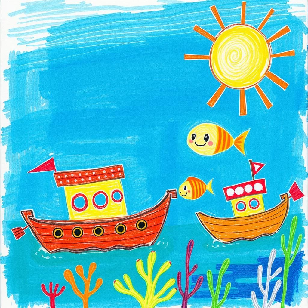 Underwater Scene with Boats and Smiling Fish