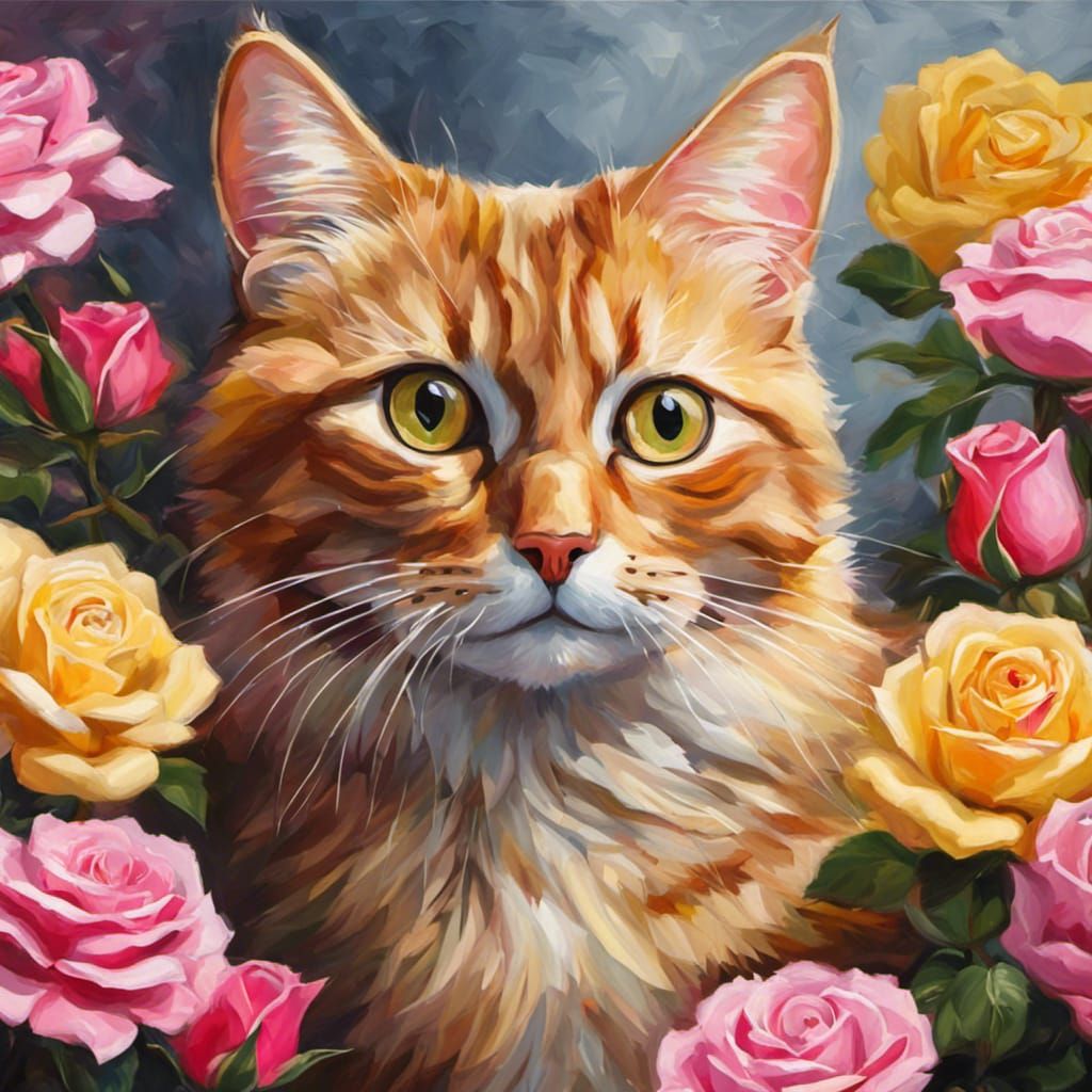 Vibrant Oil Painting of a Tabby Cat Amidst Roses