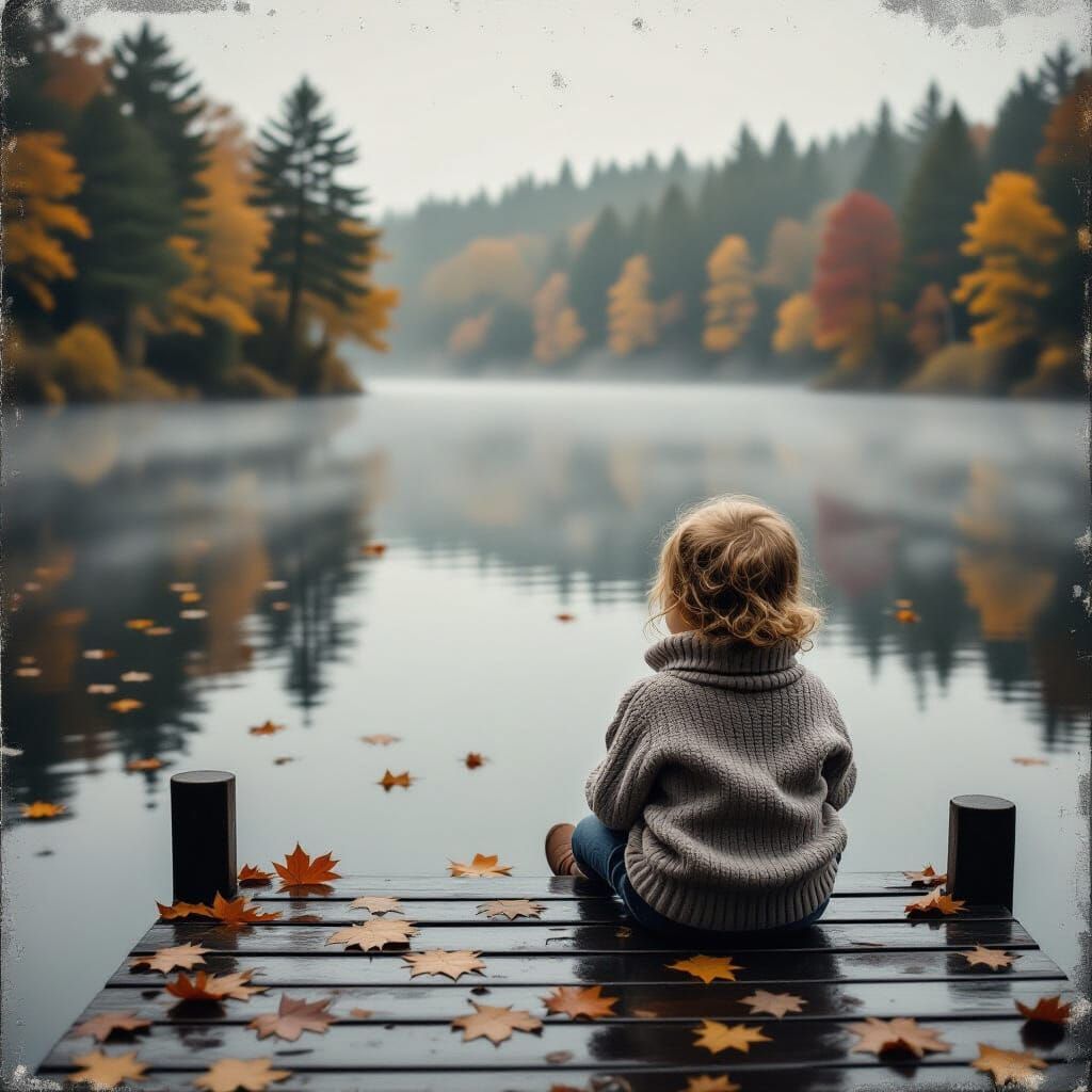 Child on Dock Gazing at Misty Autumn Lake