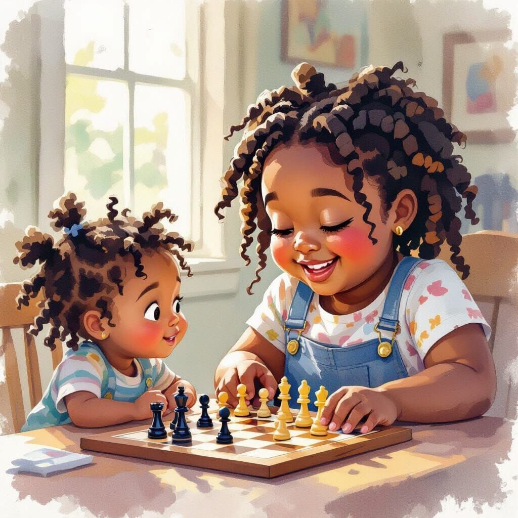 Joyful Girl Teaches Chess in Watercolor Style