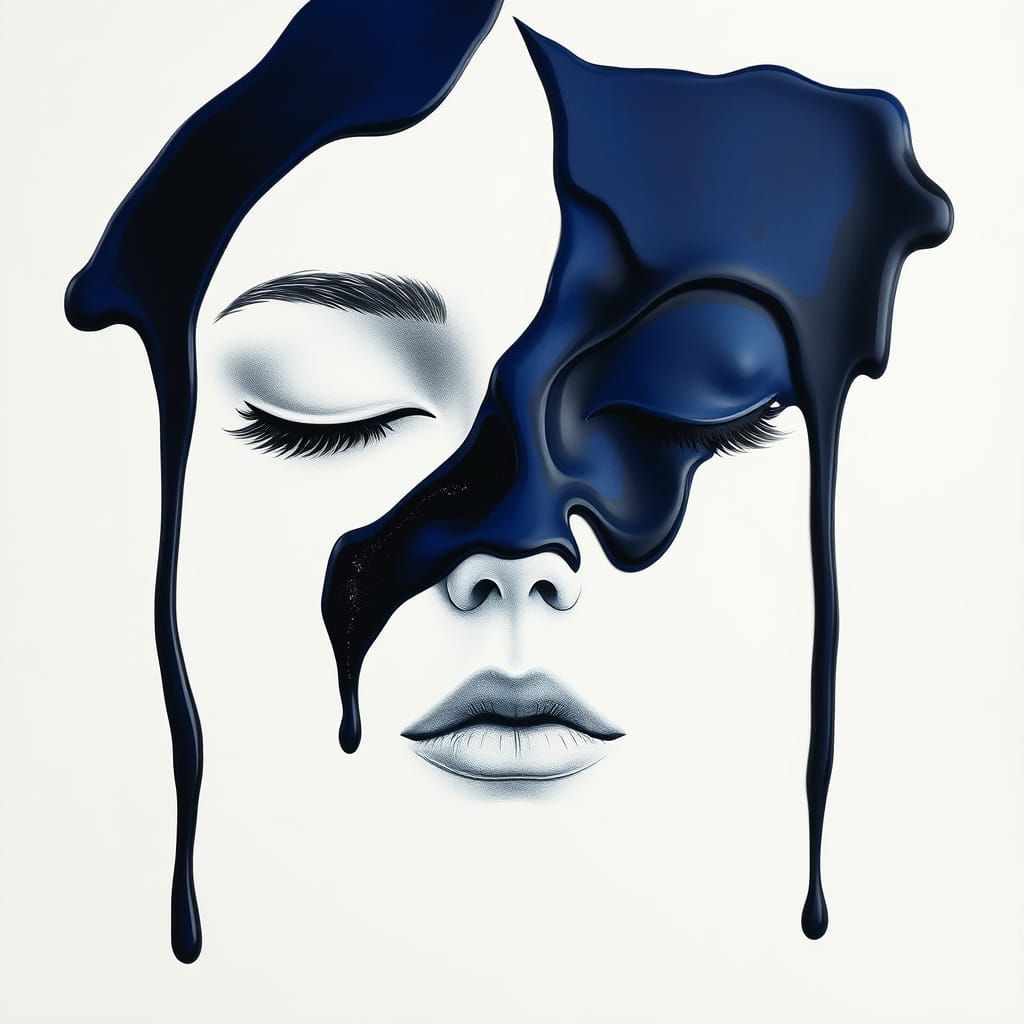 Abstract Portrait with Flowing Indigo and Black Paint