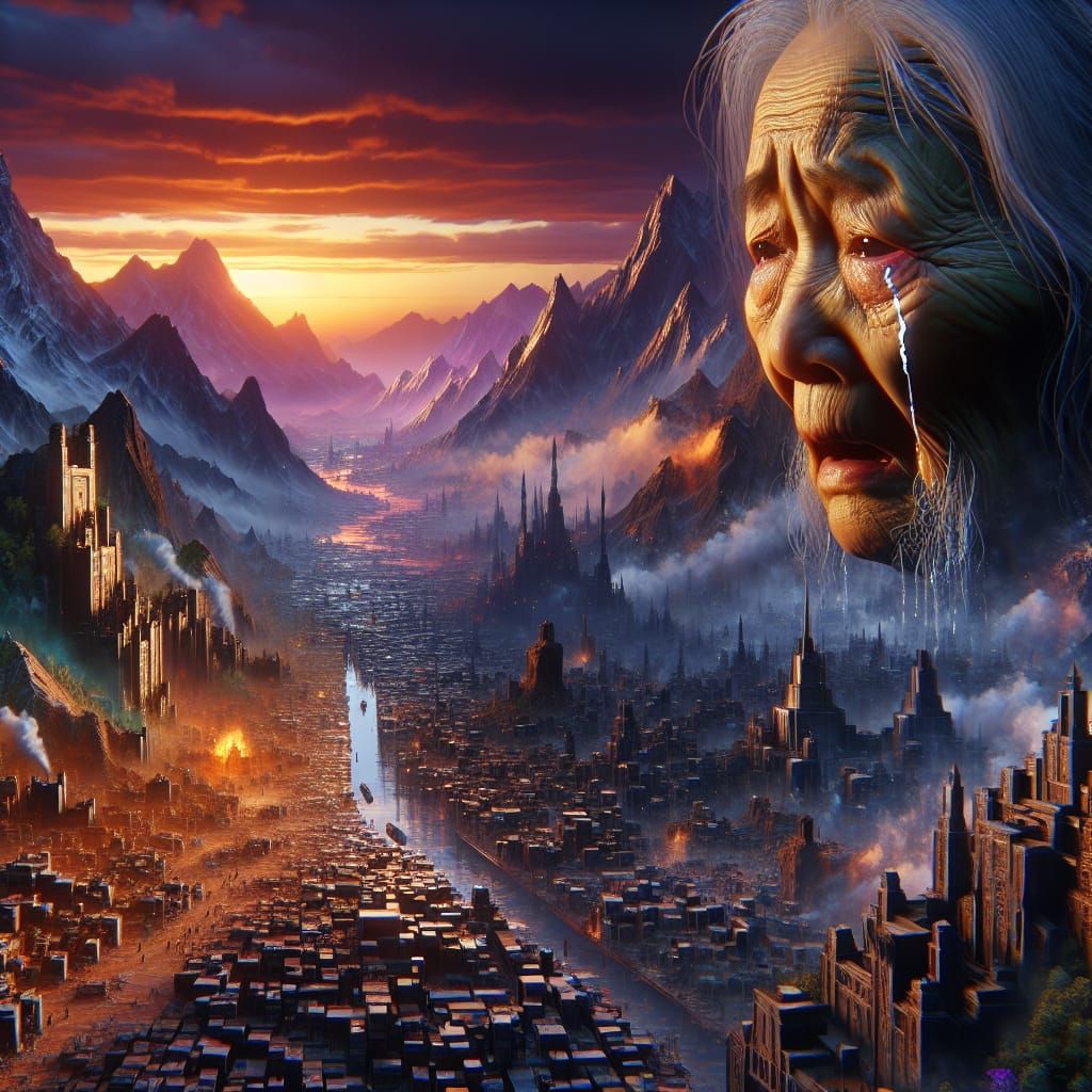 Sorrowful Elder Navigates Ruined City in Hyperrealism