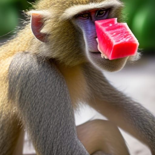 Baboon Eating Watermelon in Sharp Focus