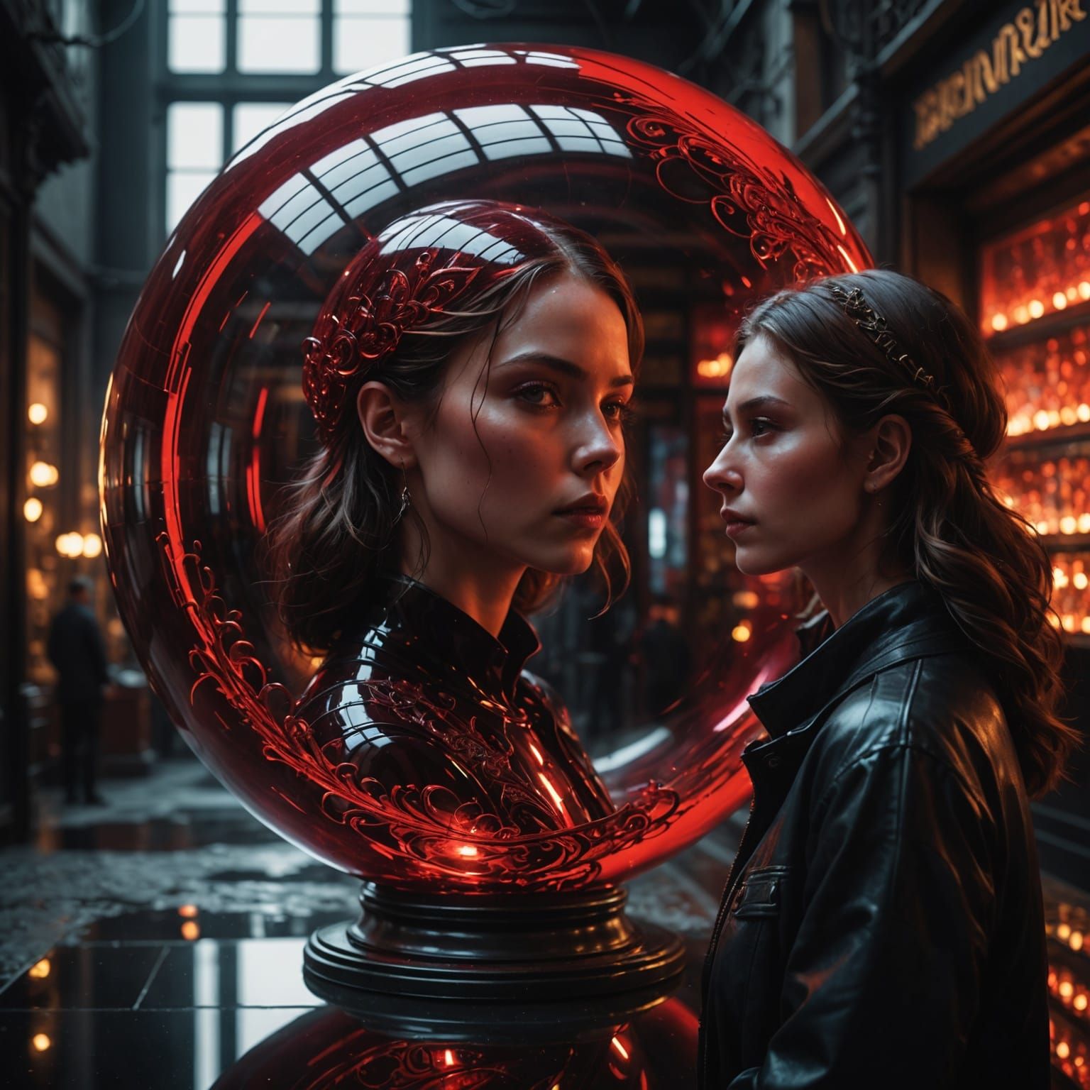 Surreal Scene of a Woman Reflected in a Hyperrealistic Red G...