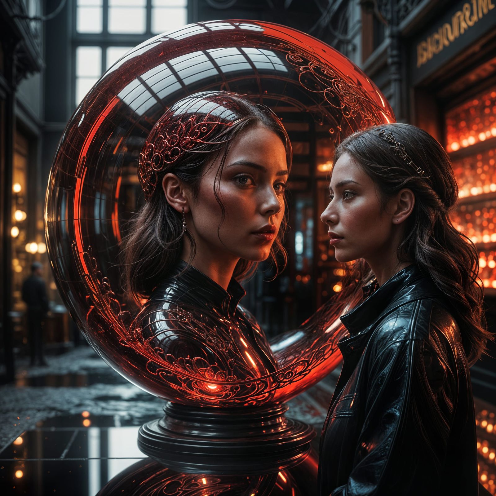 Red Glass Sphere Reflecting Woman in Dystopian Setting