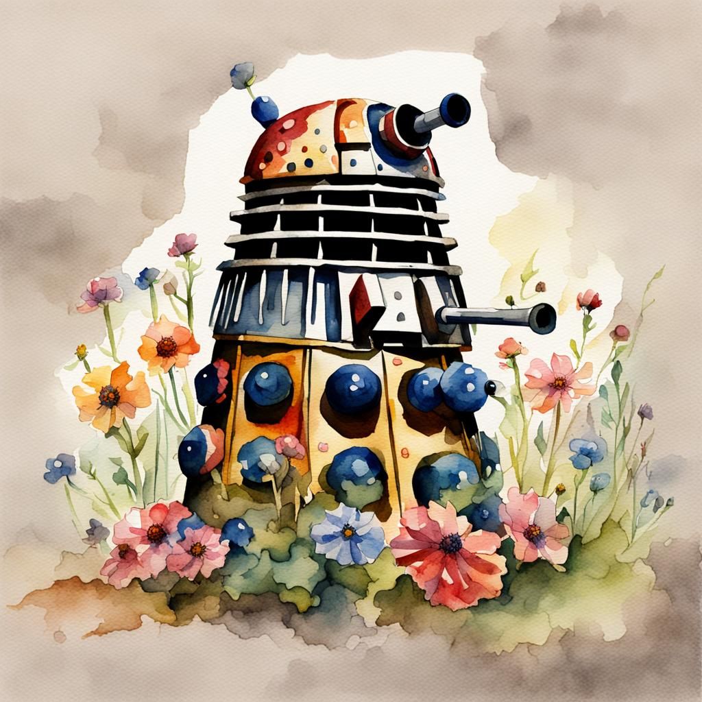 Watercolor Dalek Reborn with Flowers