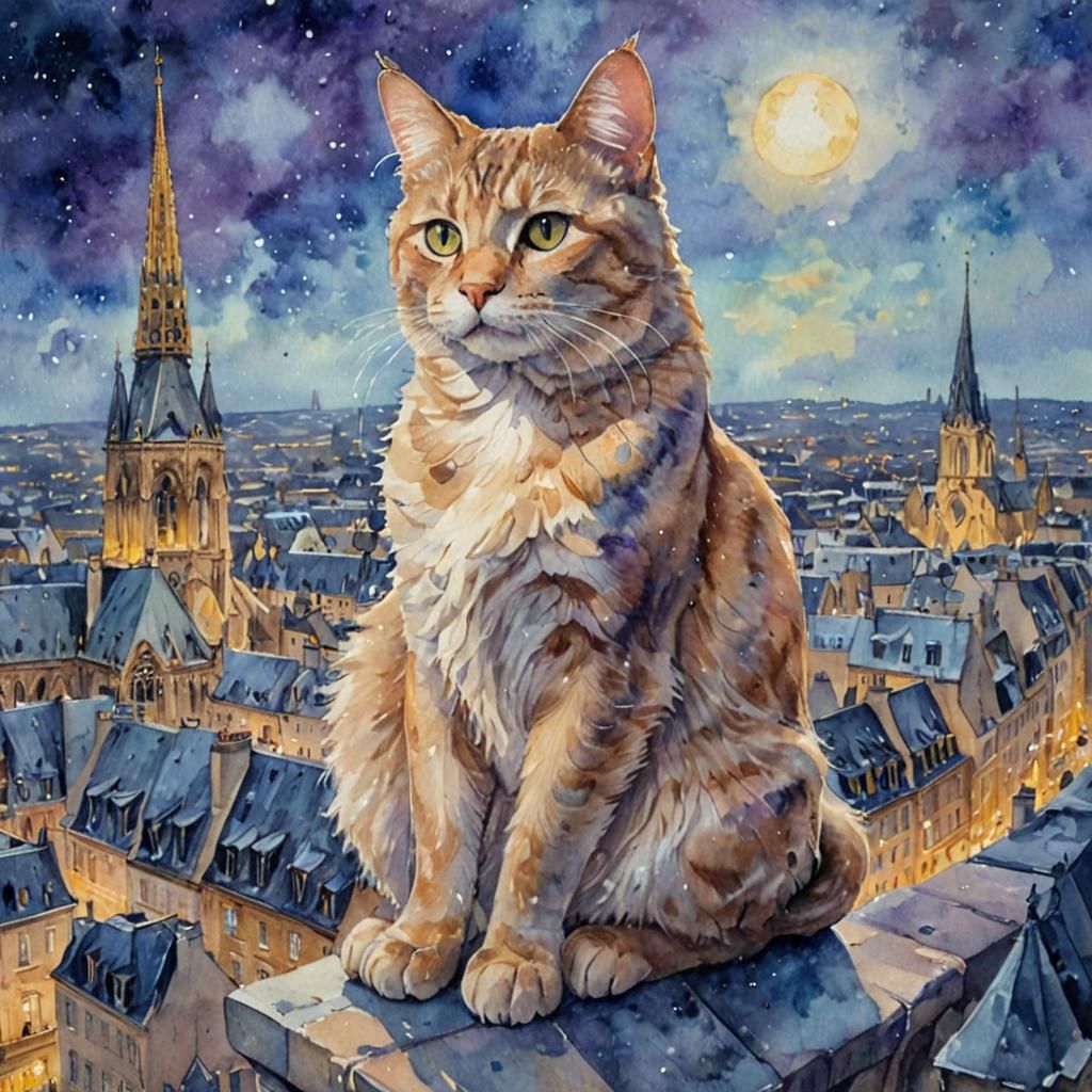 Cat on Notre-Dame Gargoyle: Whimsical Watercolor