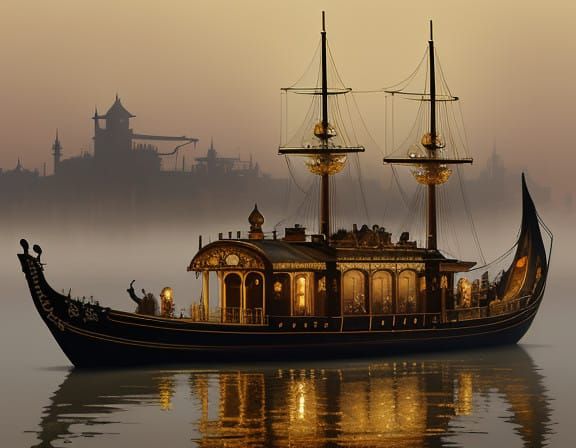 Steampunk Gondola in Misty Waters with Brass Filigree and St...