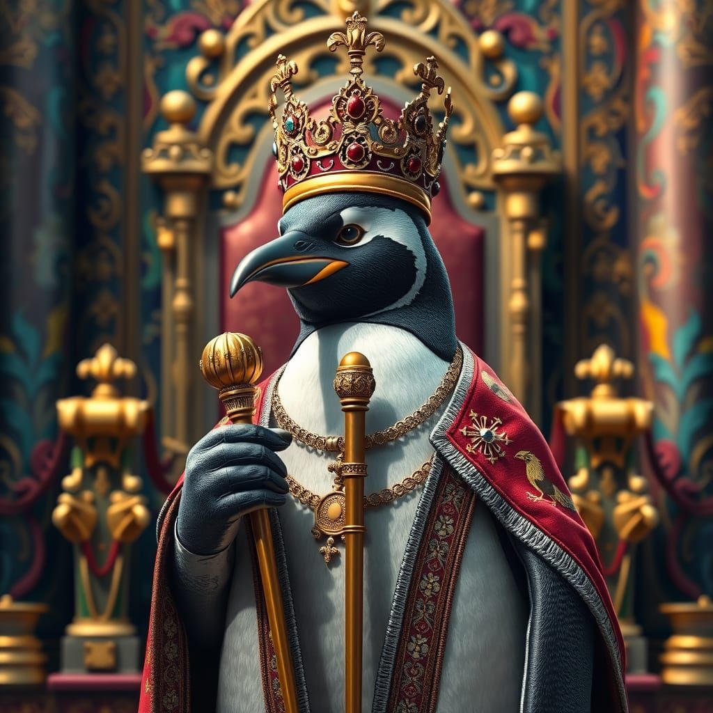 Ornate Emperor Penguin on Throne: Hyperrealistic Digital Art