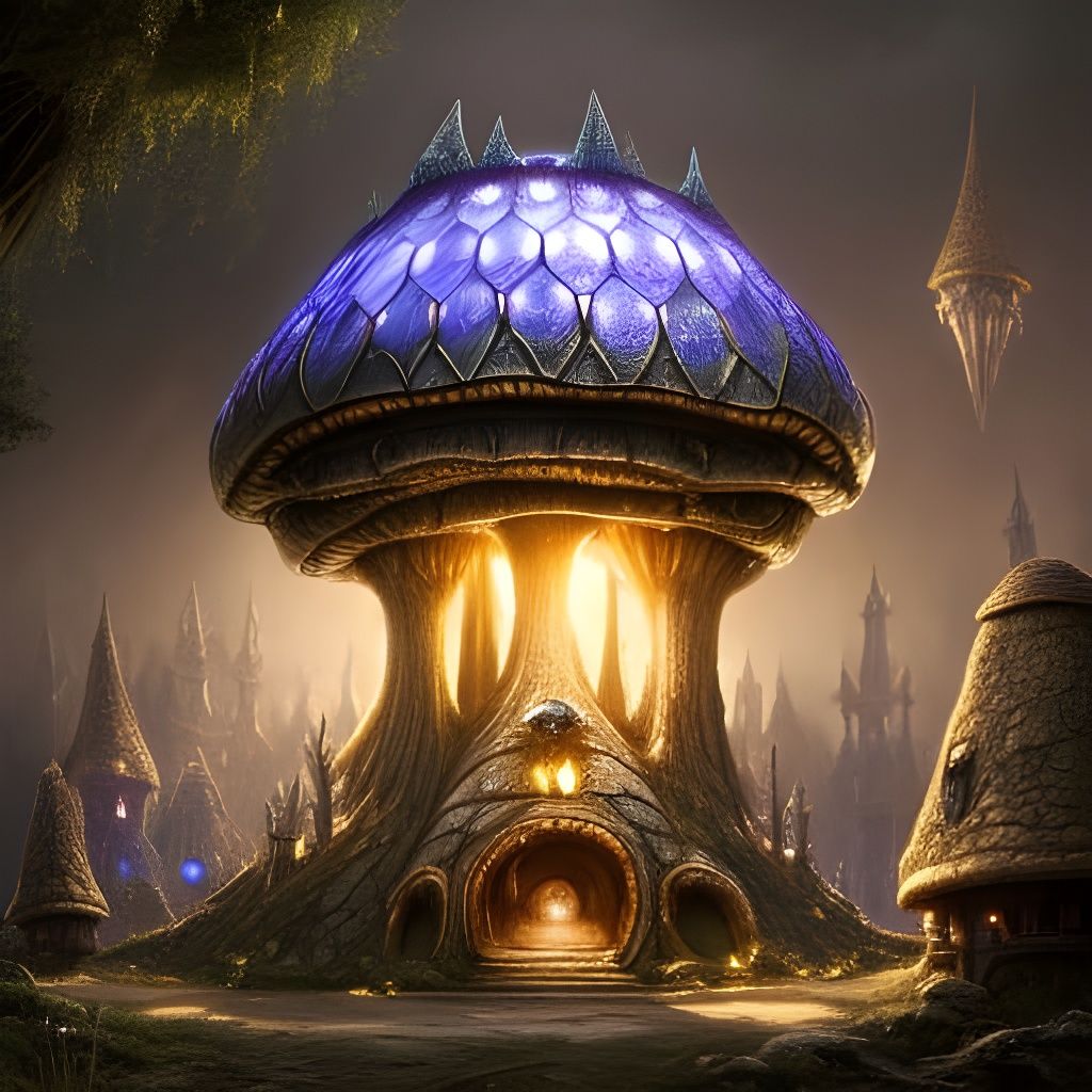 Fairytale Mushroom Steampunk Villa: Detailed Illustration