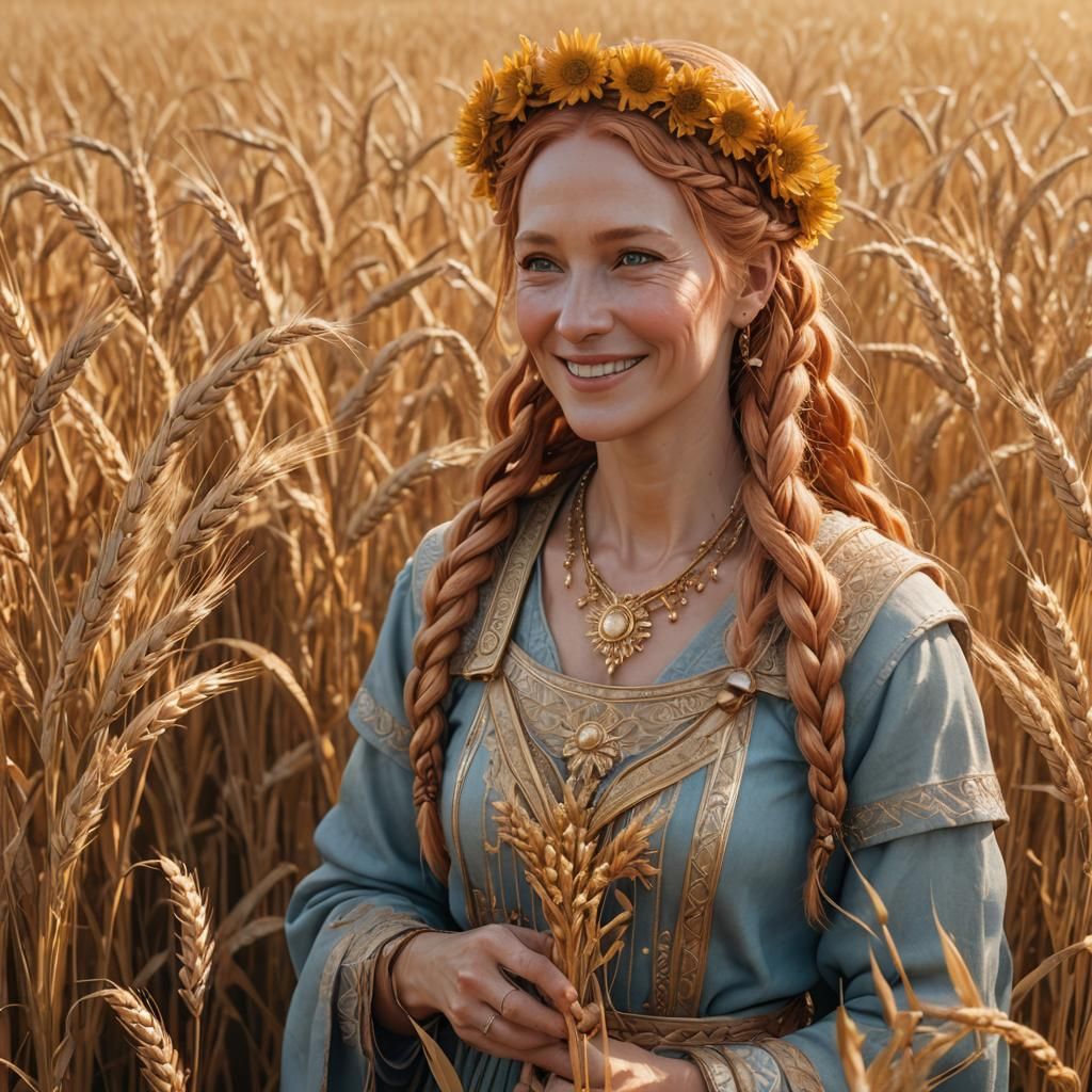 Norse Woman with Golden Chest in Wheat Field