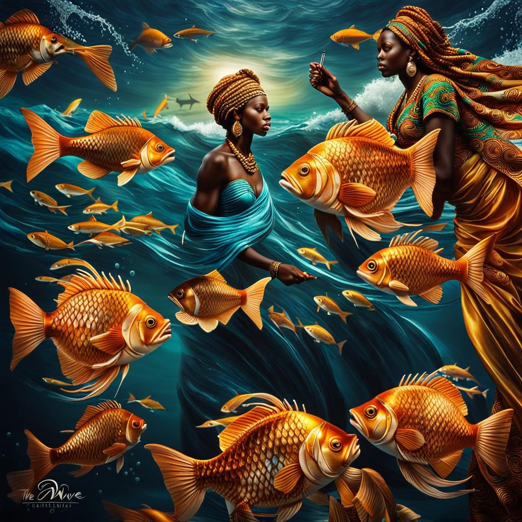 African Goddess Blessing Ocean Fish: Hyperrealistic HDR Imag...