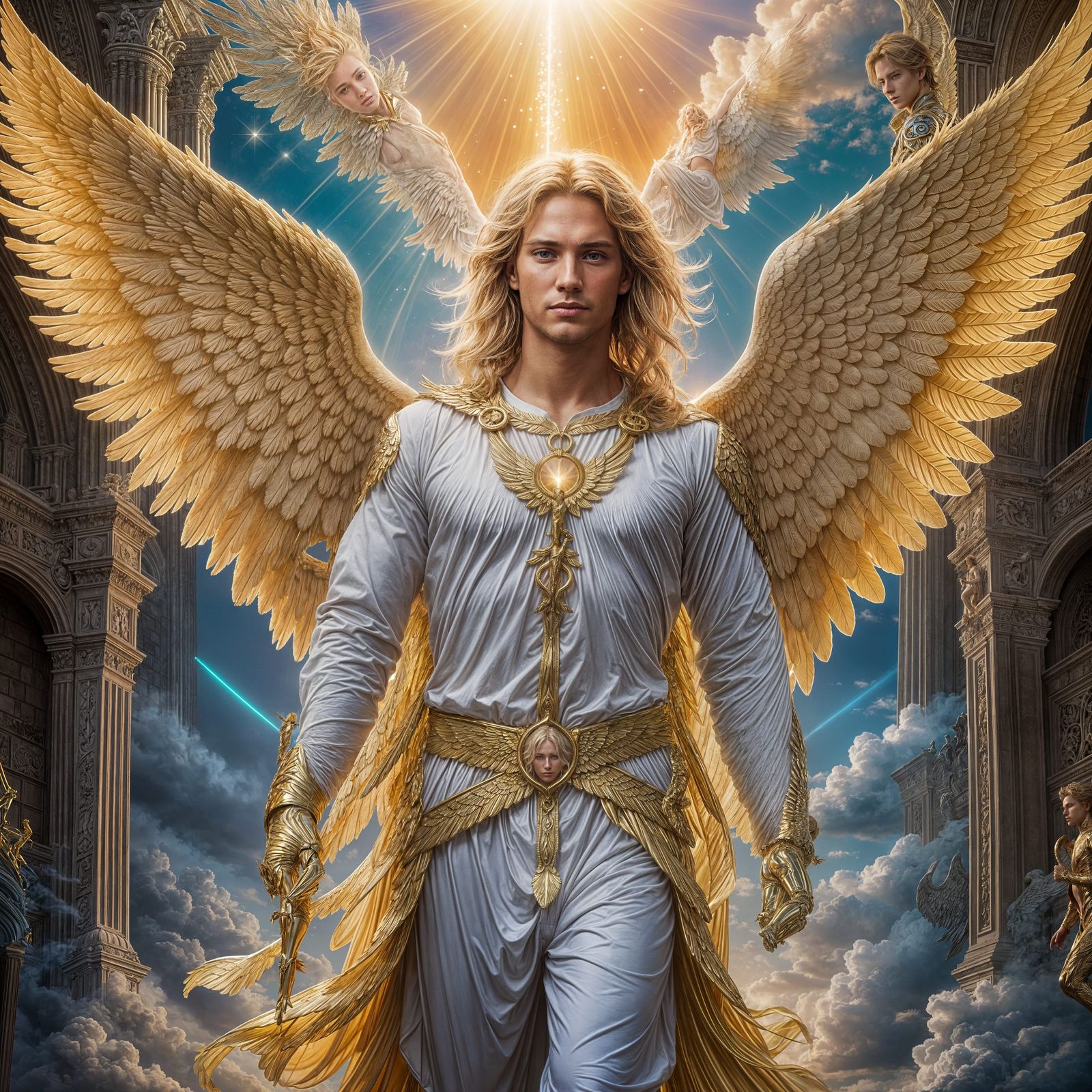 Ethereal Male Angel Ascends to Heaven with Vibrant Golden Lo...