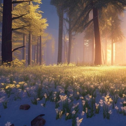Spring Flowers Emerge in Snowy Forest: 3D Game Art