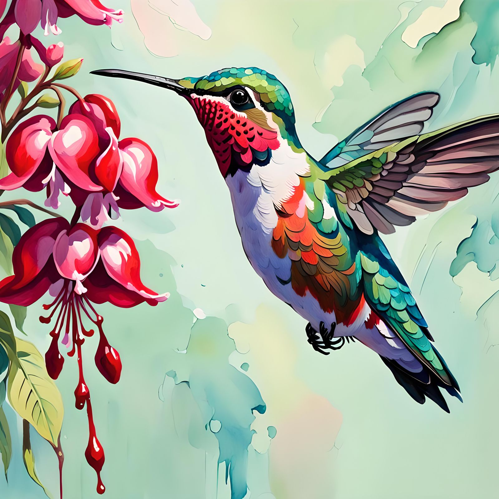 Hummingbird and Flowers in Gouache Style