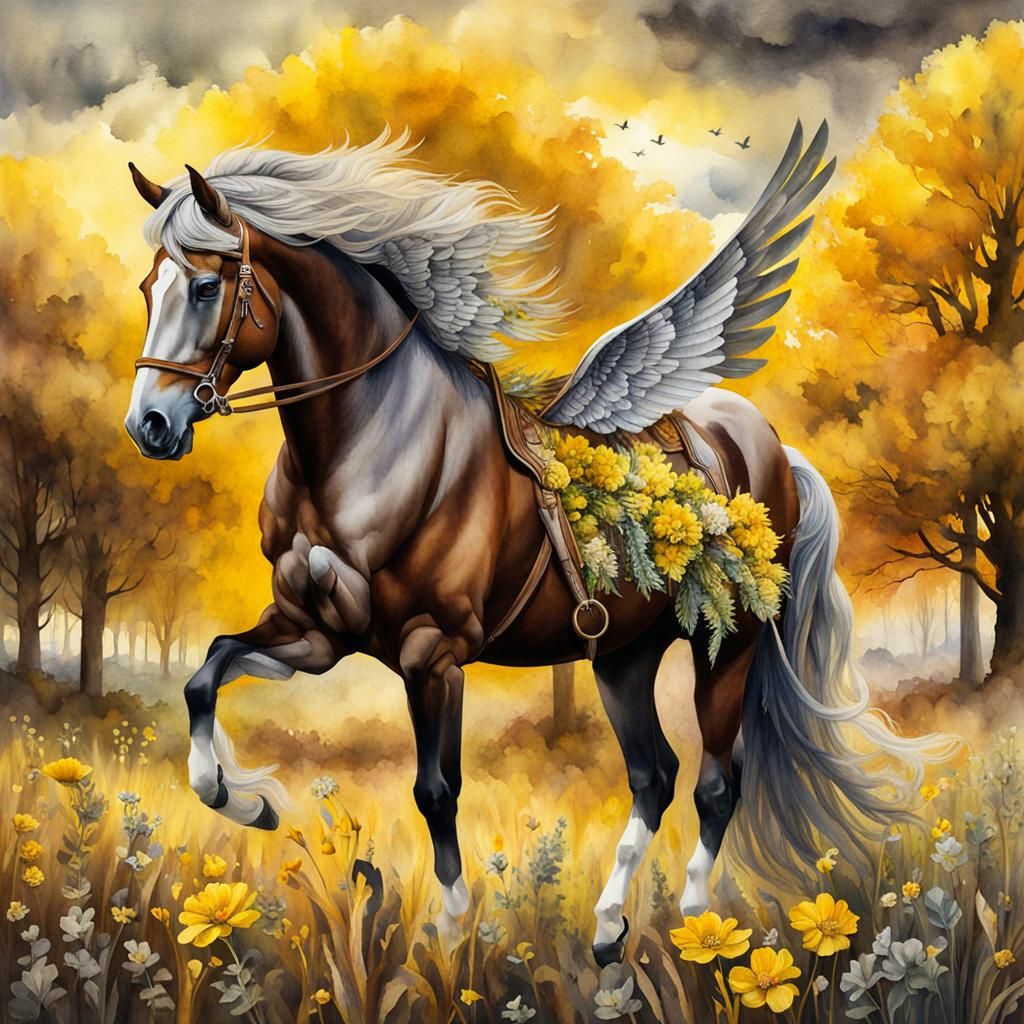 Wilderness Pegasus on Meadow in Watercolour Style