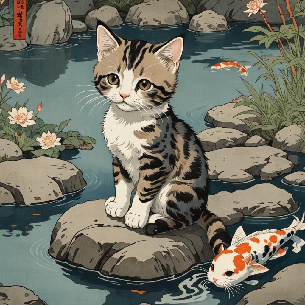 Kitten Watching Koi in Ukiyo-e Style Painting