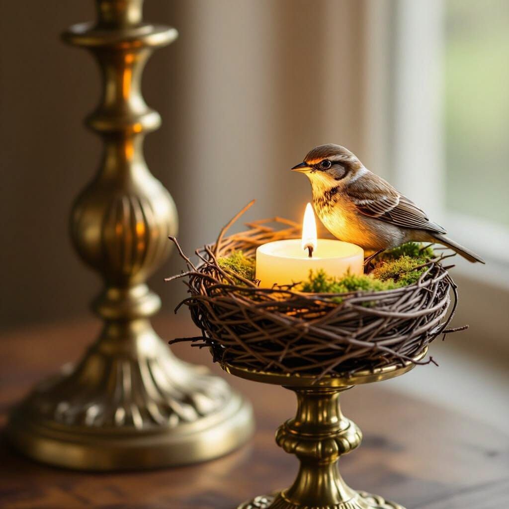 Antique Brass Candlestick with Sparrow and Nest Design