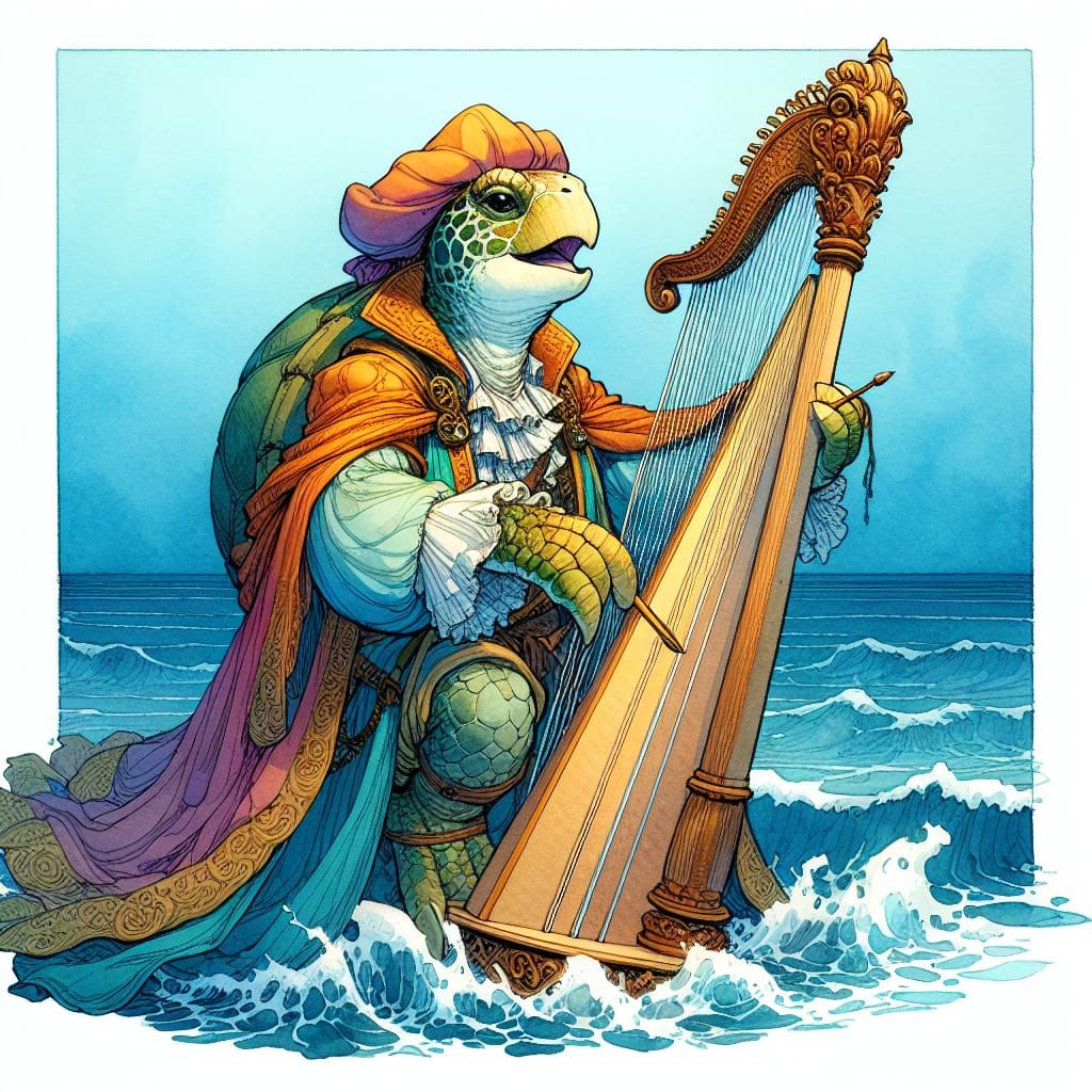 Anthropomorphic Turtle Bard Singing by the Sea