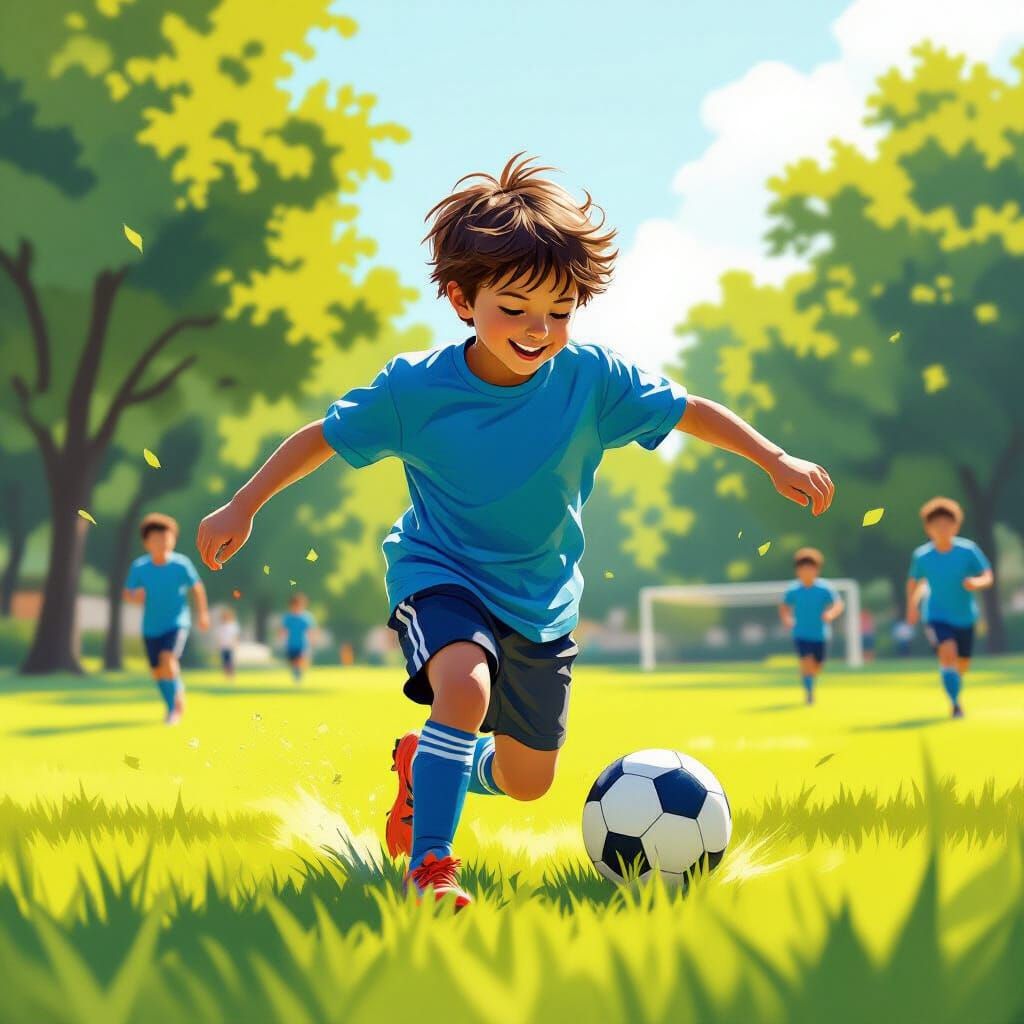 Energetic Boy Playing Football on Sunny Field