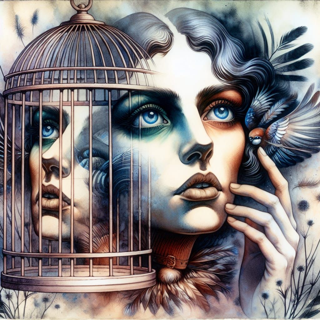 Surreal Watercolor: Woman in Ornate Birdcage
