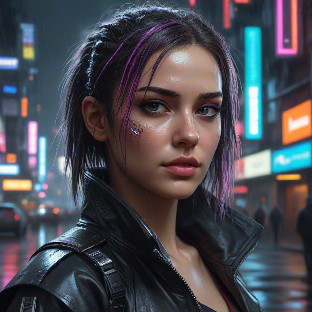 Girl with Cybernetic Enhancements in Neon-Lit Cityscape