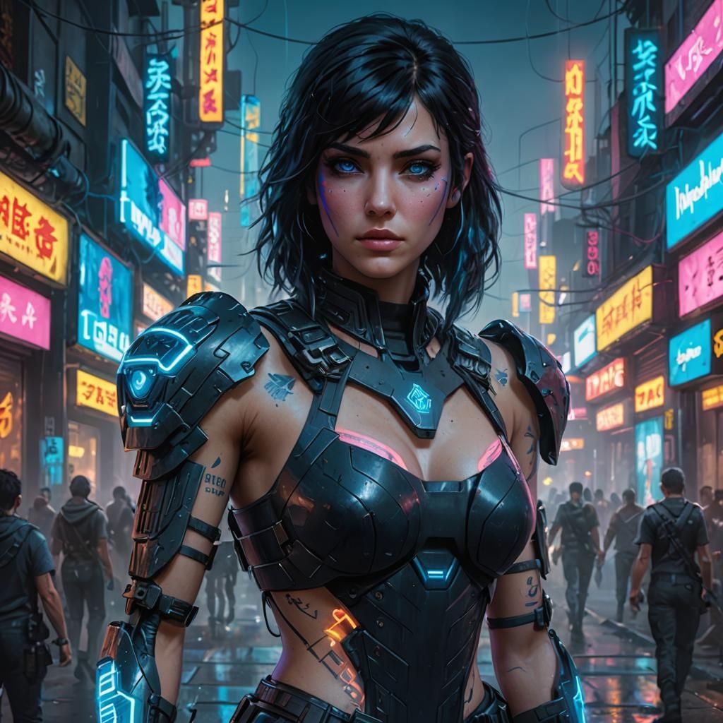 Cyberpunk Woman with Glowing Tattoos and Neon Armor
