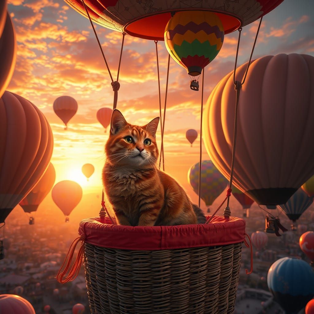 Regal Red Cat Surrounded by Whimsical Hot Air Balloons at Su...