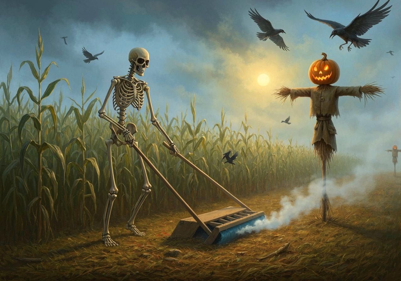 Skeletons Mowing Cornfield in Dramatic Realism Oil Painting