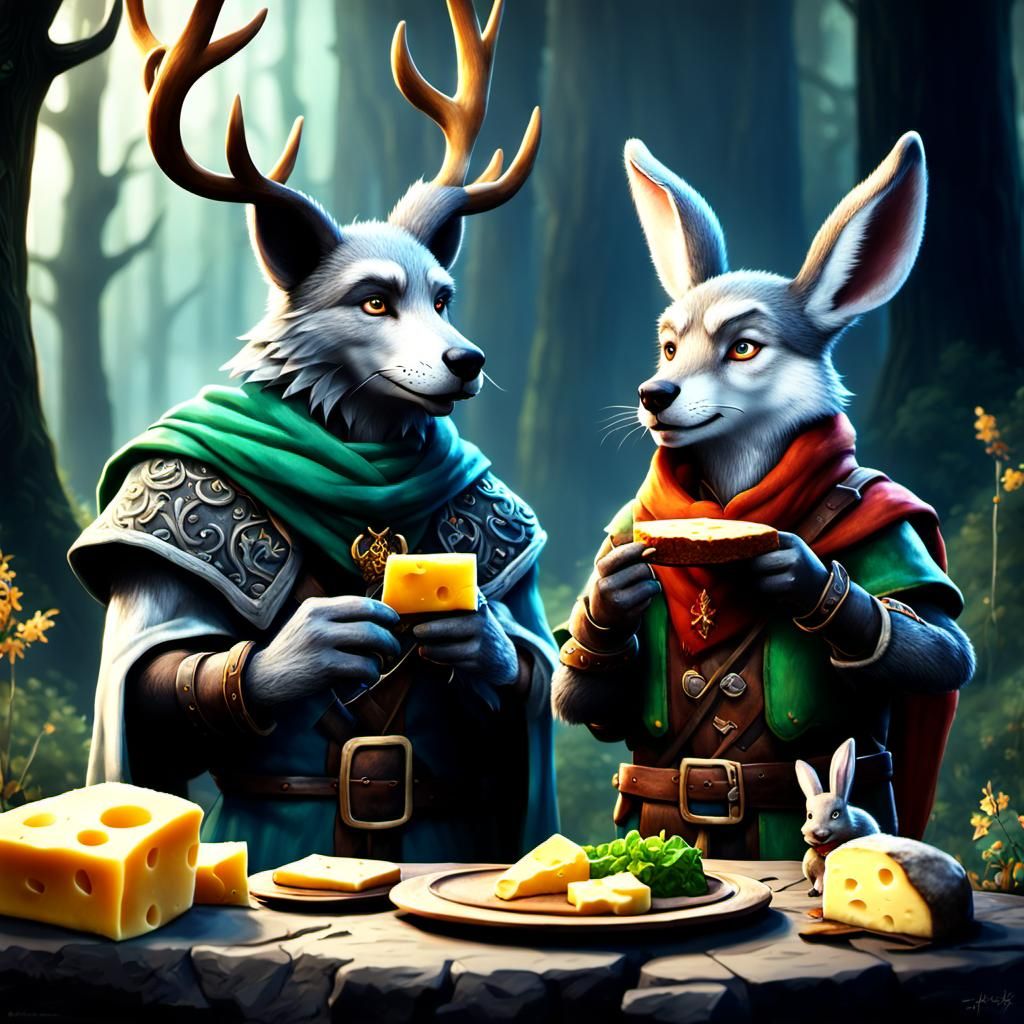 Anthropomorphic Wolf and Rabbit Picnic as Fantasy Art