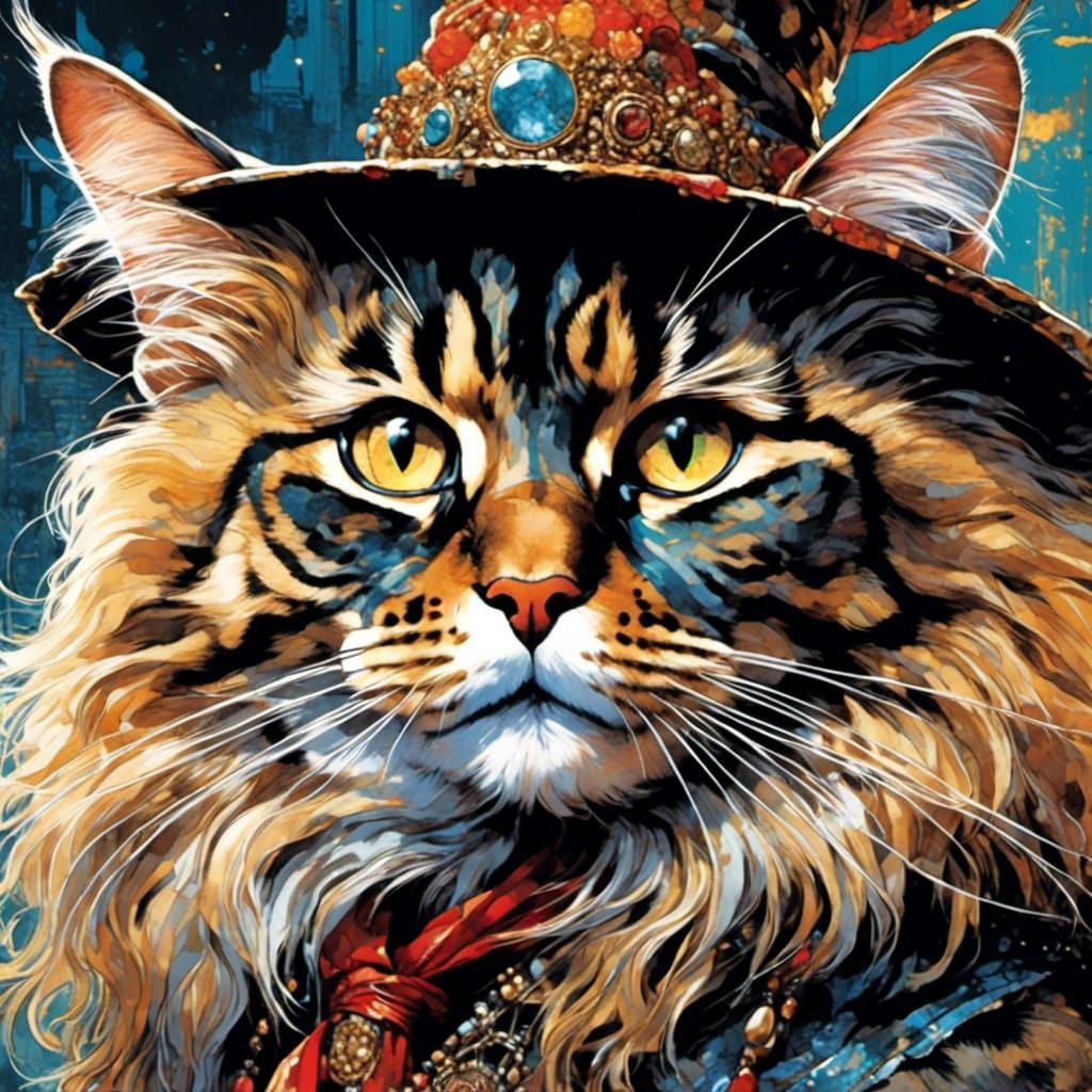 Anthropomorphic Cat Witch Illustration in Watercolor Style