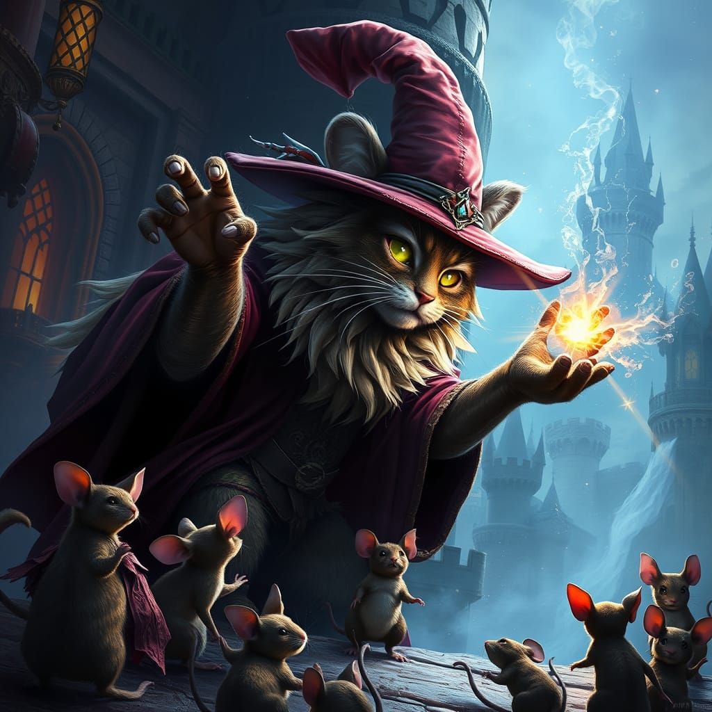 Majestic Cat Wizard Casting Spell: Fantasy Art