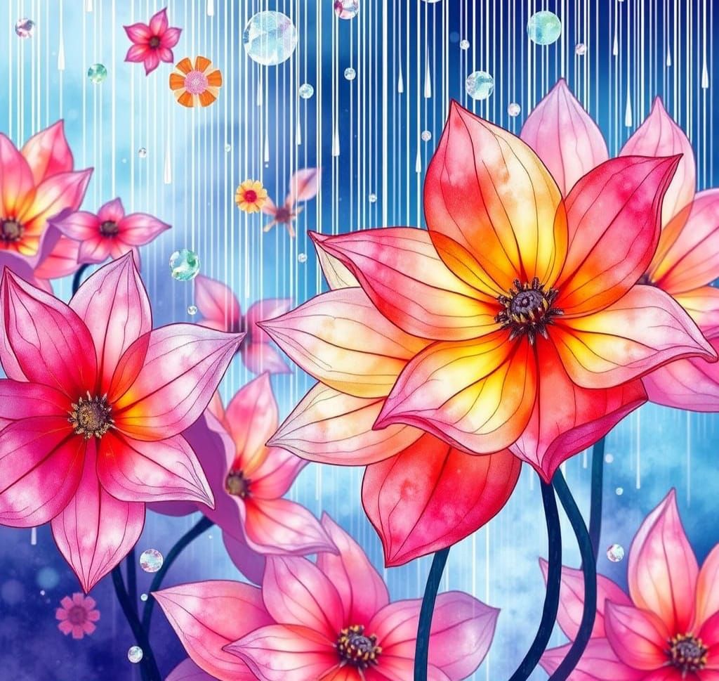 Stained-glass watercolor ink flowers in rain