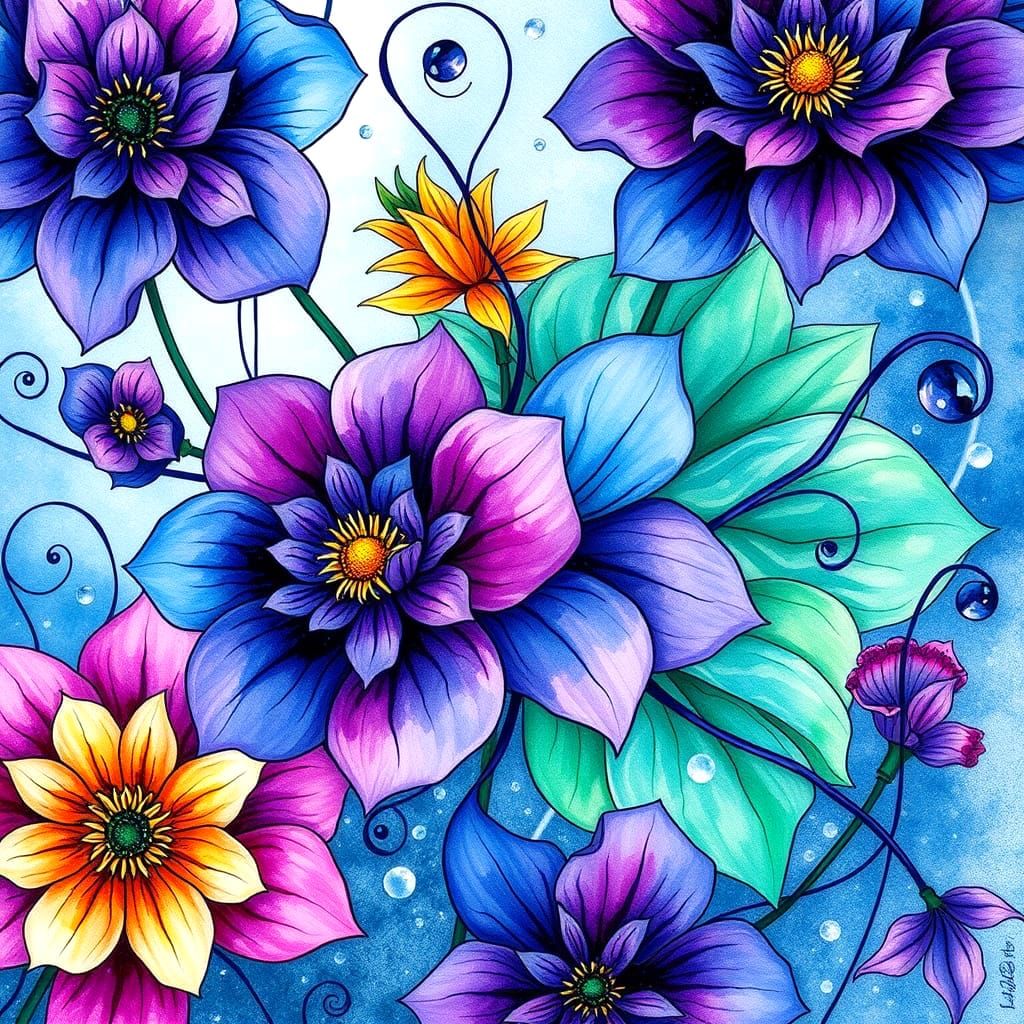 Stained-glass watercolor ink flowers in rain