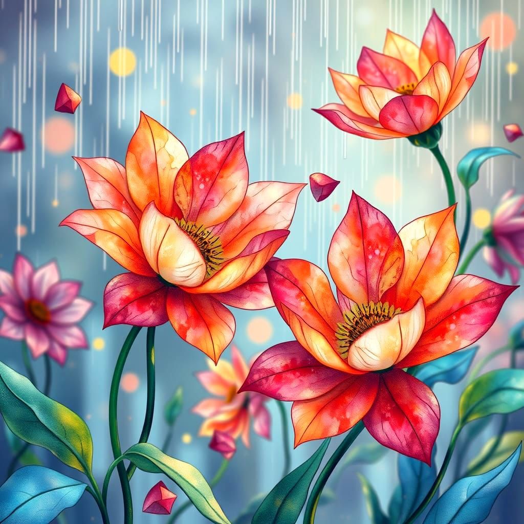 Stained-glass watercolor ink flowers in rain