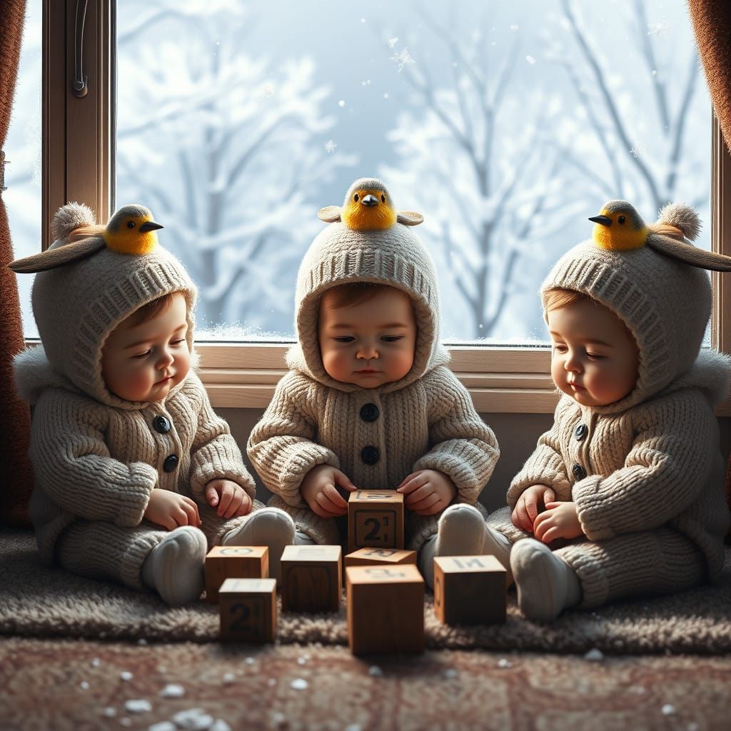 Fantastical Babies Play with Wooden Blocks on a Winter Wonde...