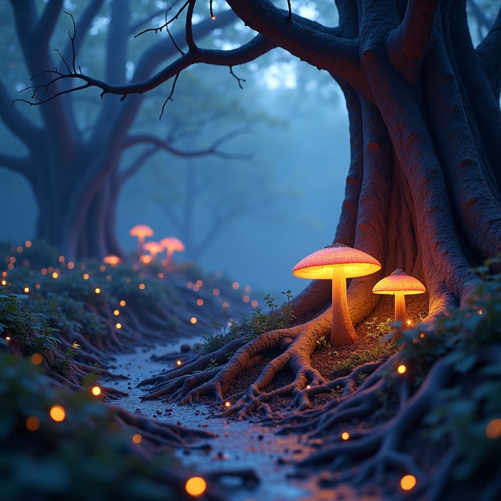 Mystical Dreamlike Scene with Glowing Mushrooms