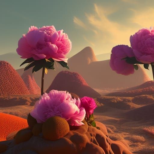 Peonies Bloom in Orange Desert, Detailed Digital Painting