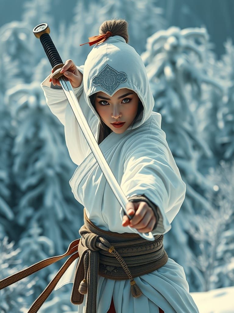 Japanese Warrior Woman with Sword in Snowy Forest