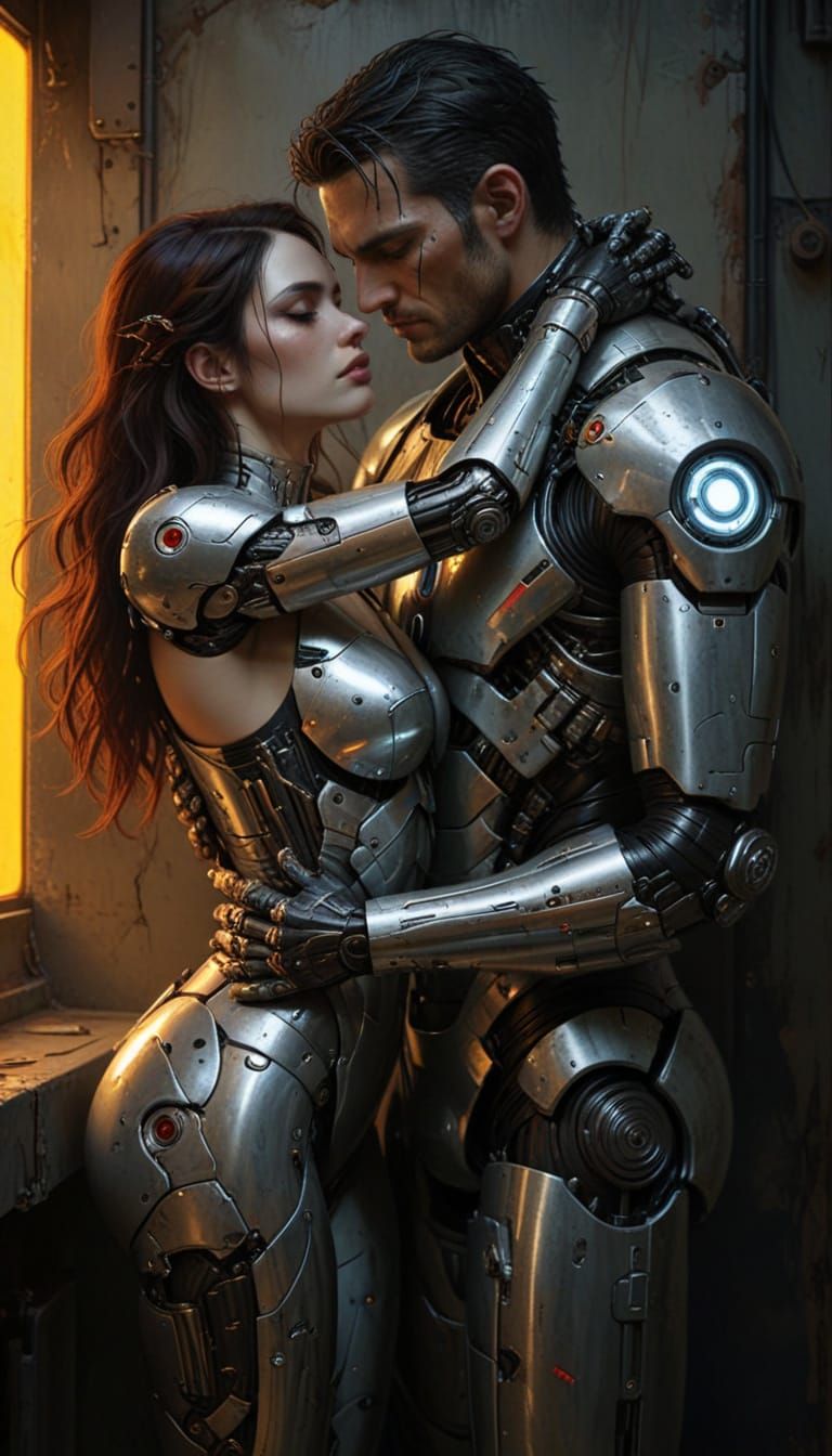 Cyborg Lovers Embrace in Futuristic Harmony