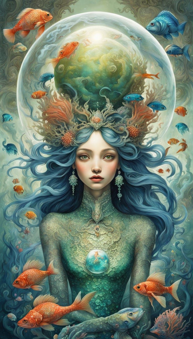 Surreal Fantasy Mermaid in Glowing Sphere with Tropical Fish