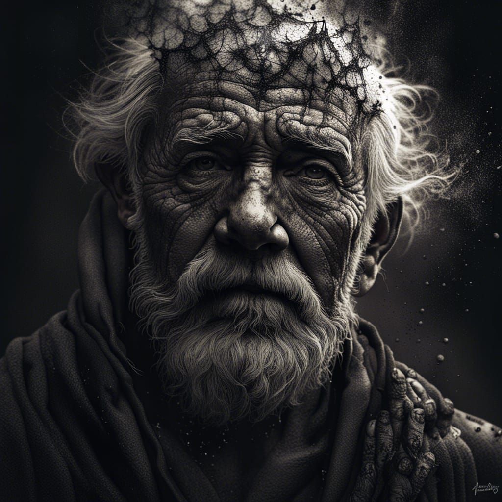 Old Man Portrait with Ink Disintegration Effect