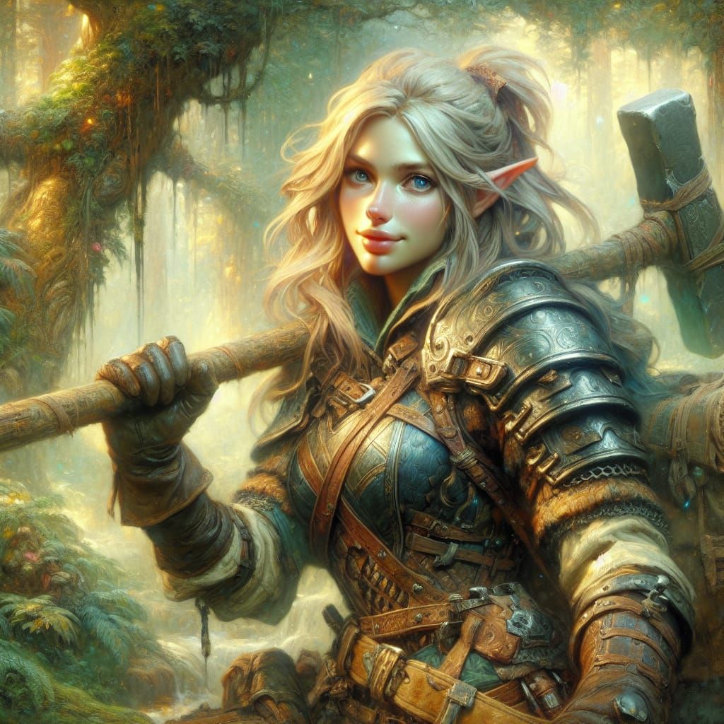 Elven Warrior Swinging Hammer in Mystical Forest