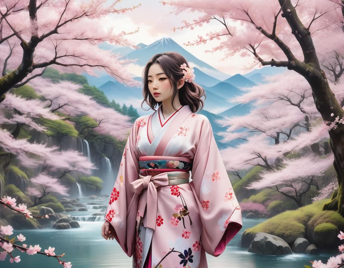 Anime Woman in Cherry Blossom Forest, Impressionistic Style