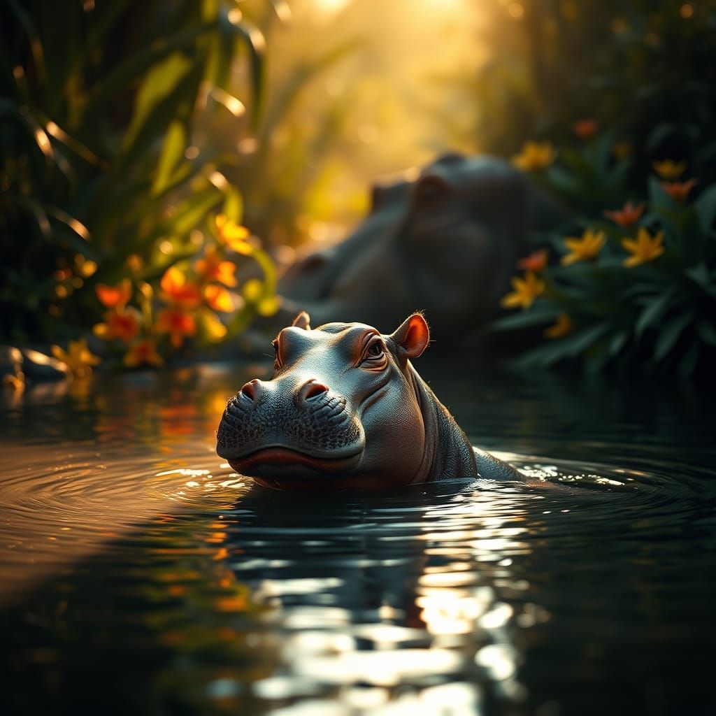 Serene Hippopotamus in Tropical Waterhole